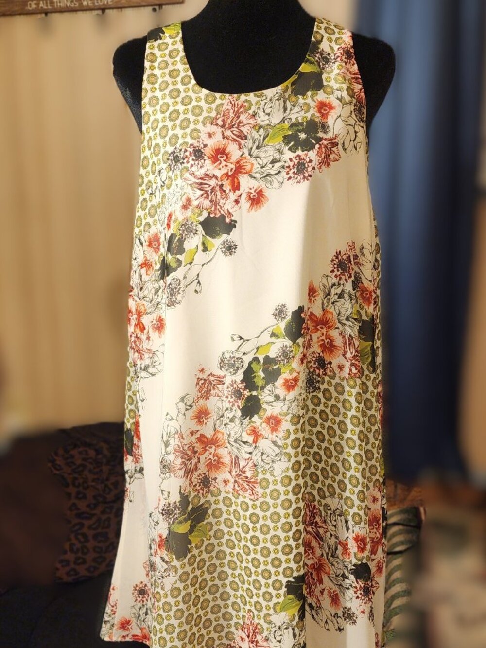 Cato Floral Cream and Olive Green A-Line Sleeveless Dress